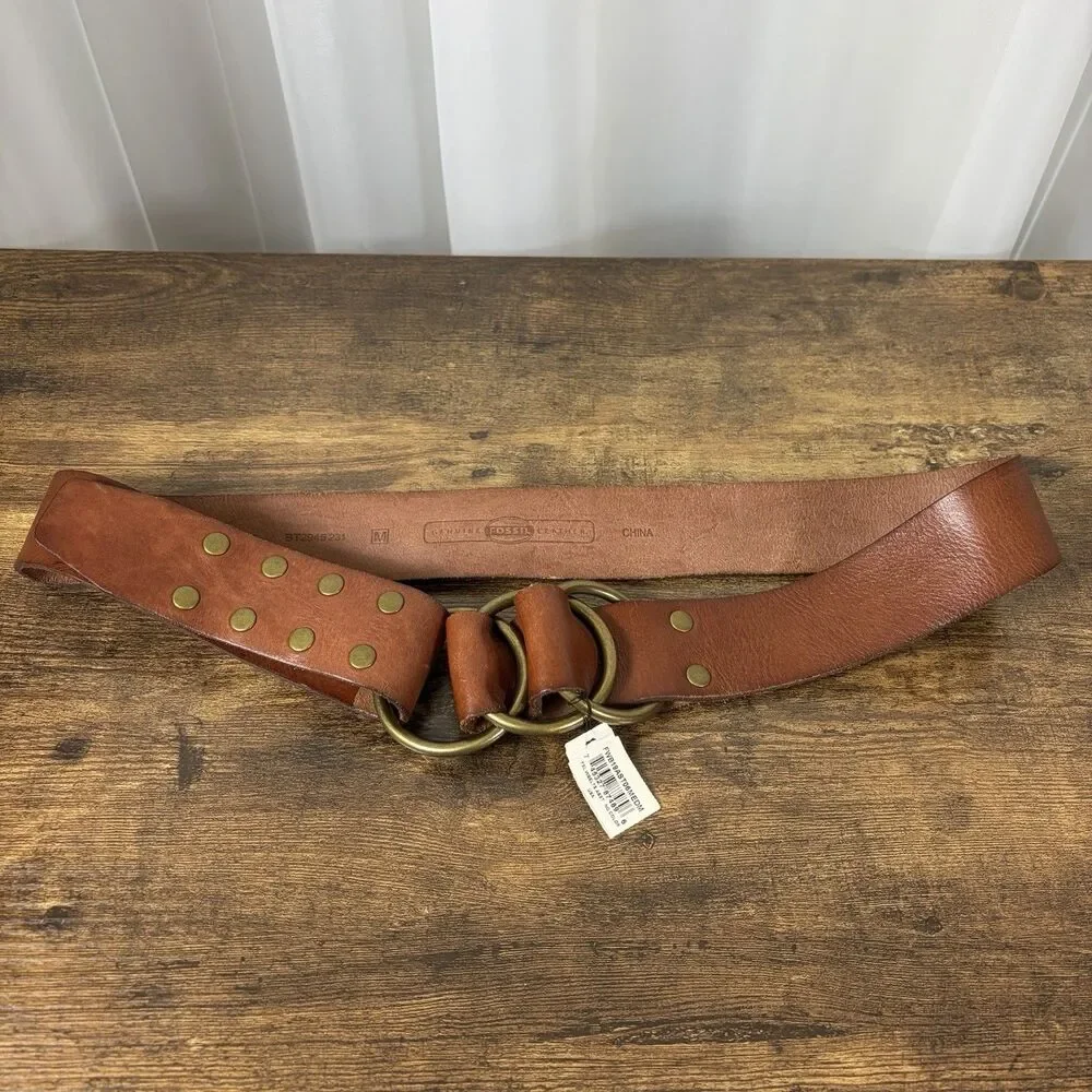 Fossil Brown Genuine Leather Fold-over Belt Triple Ring Buckle Size M Boho - Picture 1 of 8
